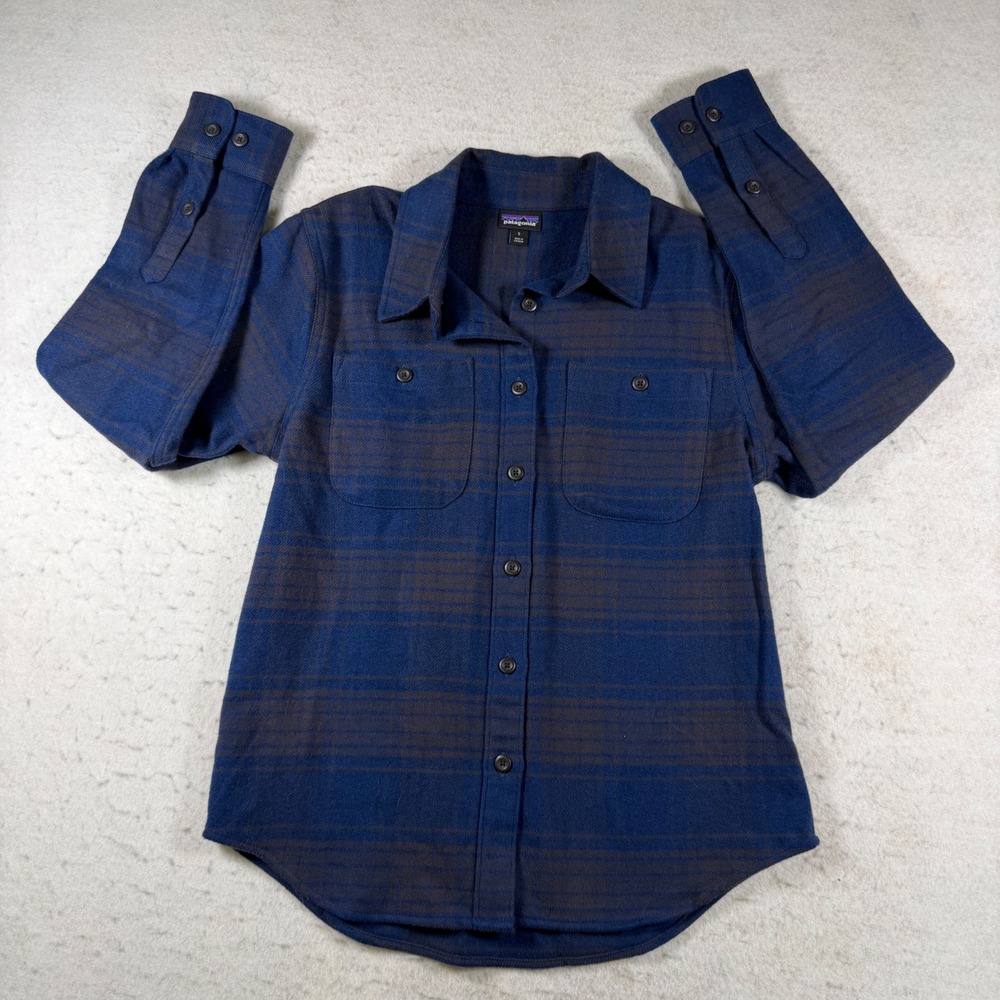 Patagonia Womens‎ Organic Cotton Flannel Shirt Blue Brown Plaid Small 1023